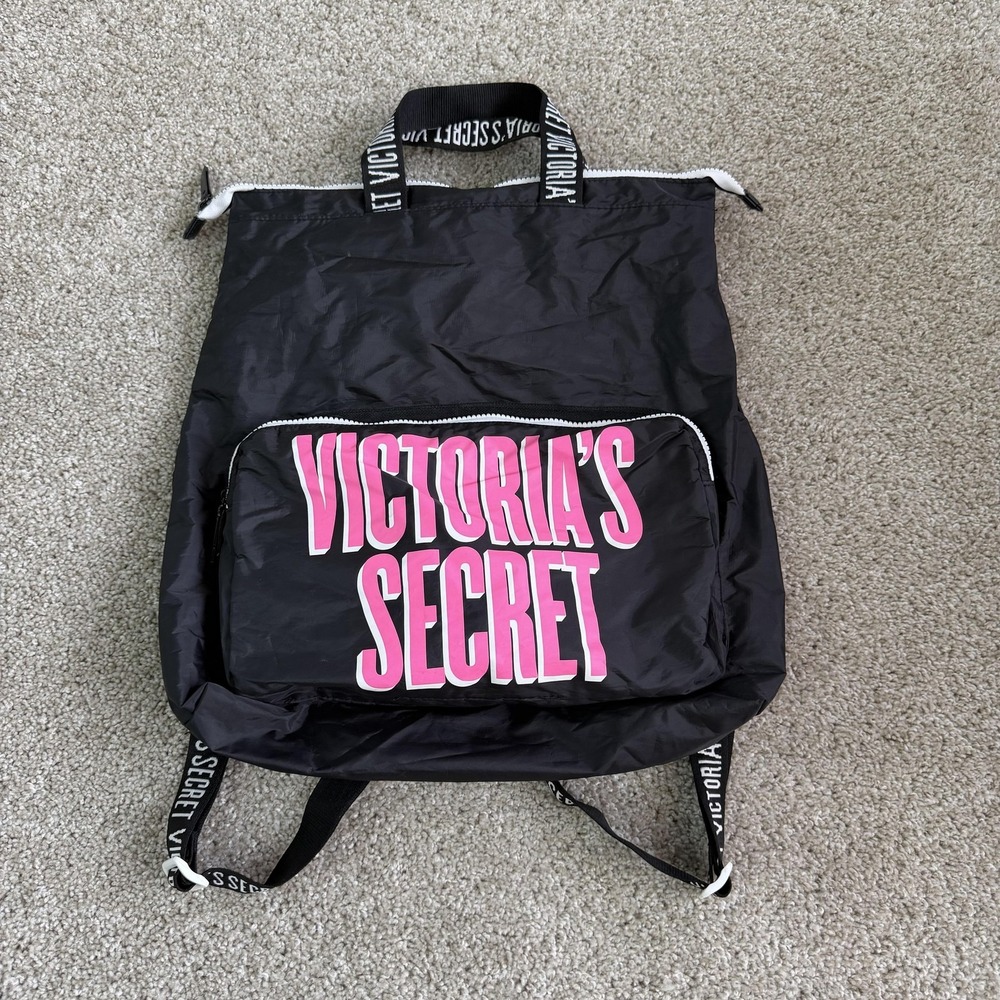 Victoria's Secret Backpack Womens Large Black Pink Logo Zip Adjustable Straps